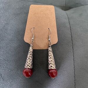 Silver-Tone Cone Drop Earrings with Red Bead Accent